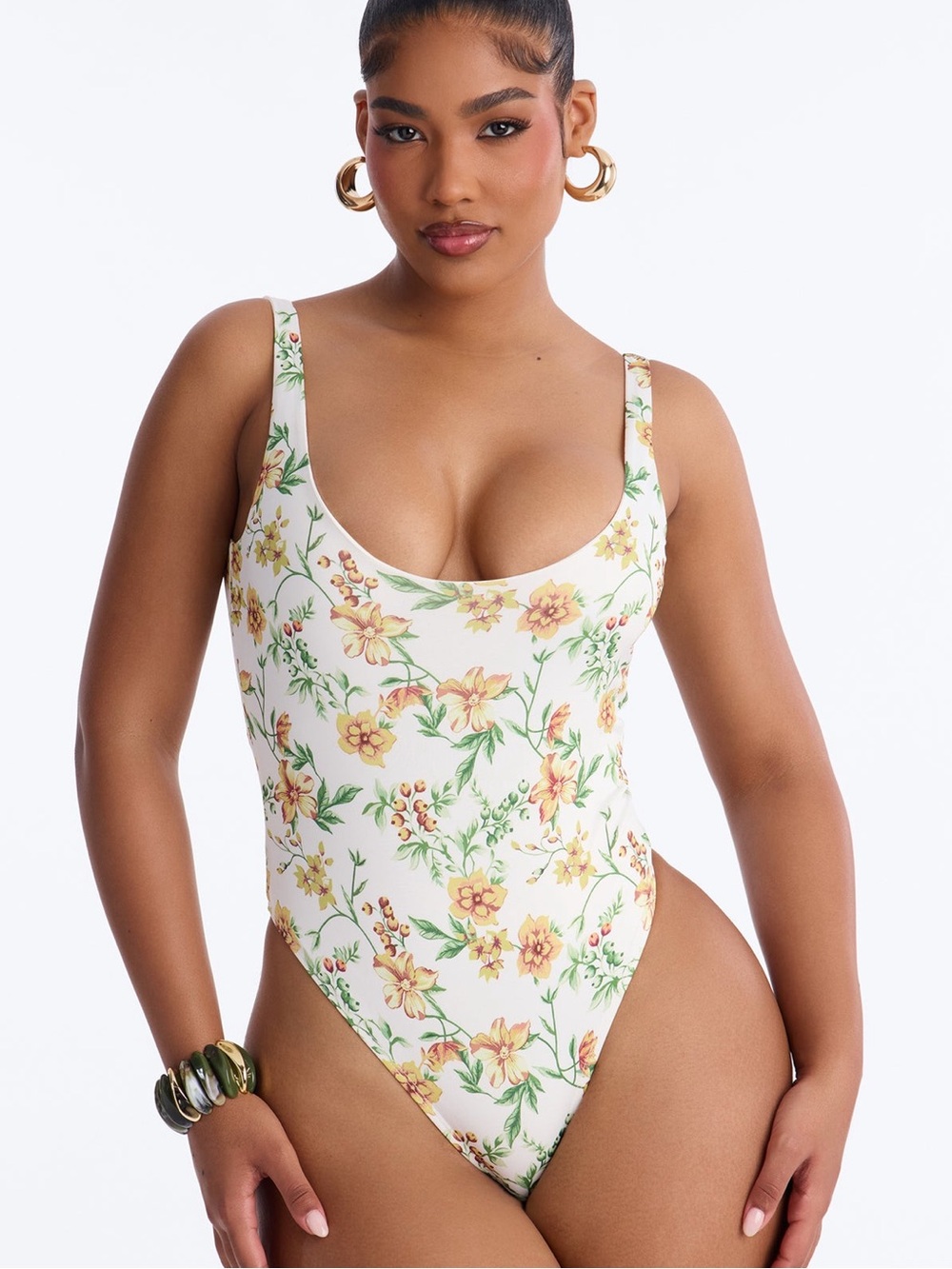 Fashion Nova White Floral Scoop One-Piece Swimsuit with Yellow Flowers
